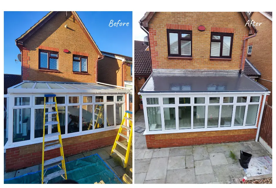Polycarbonate replaced with fibreglass flat roof