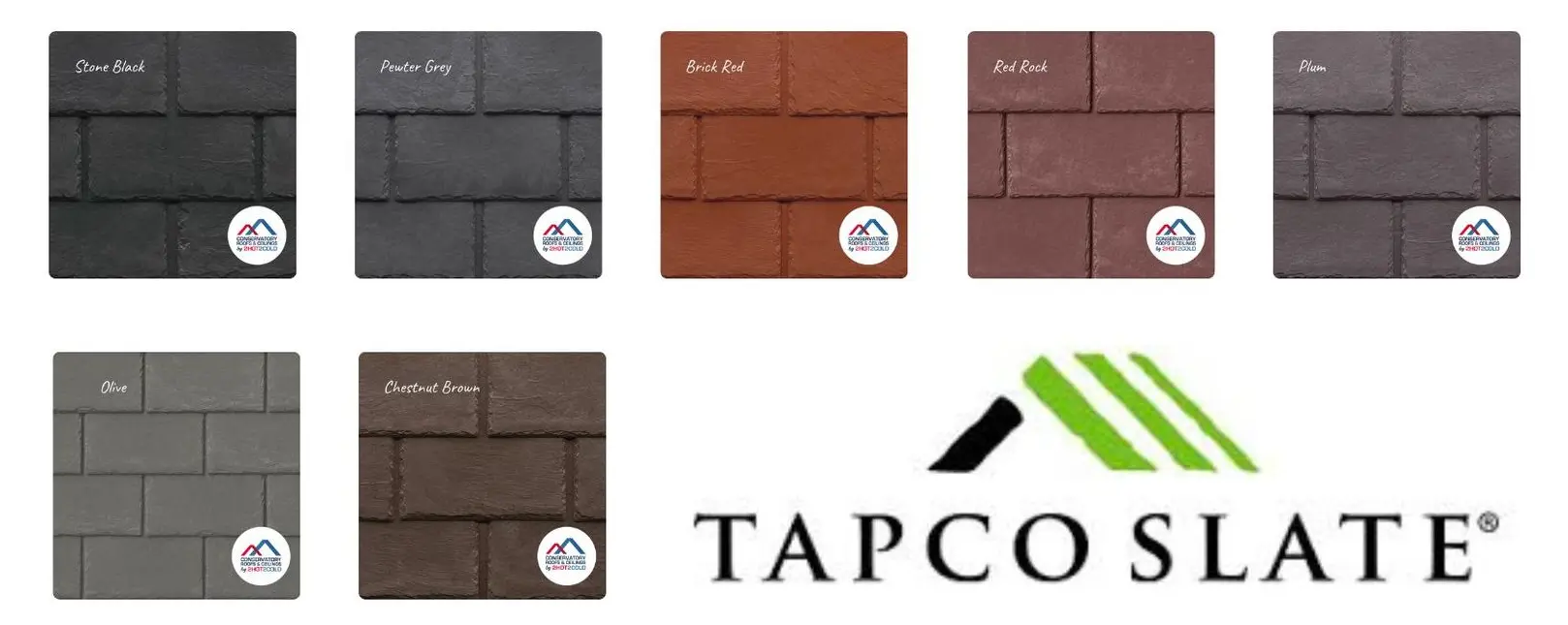 apco Slate Roof Tile Colours | Conservatory Roof Replacement Tapco Slate roof tile colour options for insulated conservatory roof replacements, including black, grey, red and brown finishes.